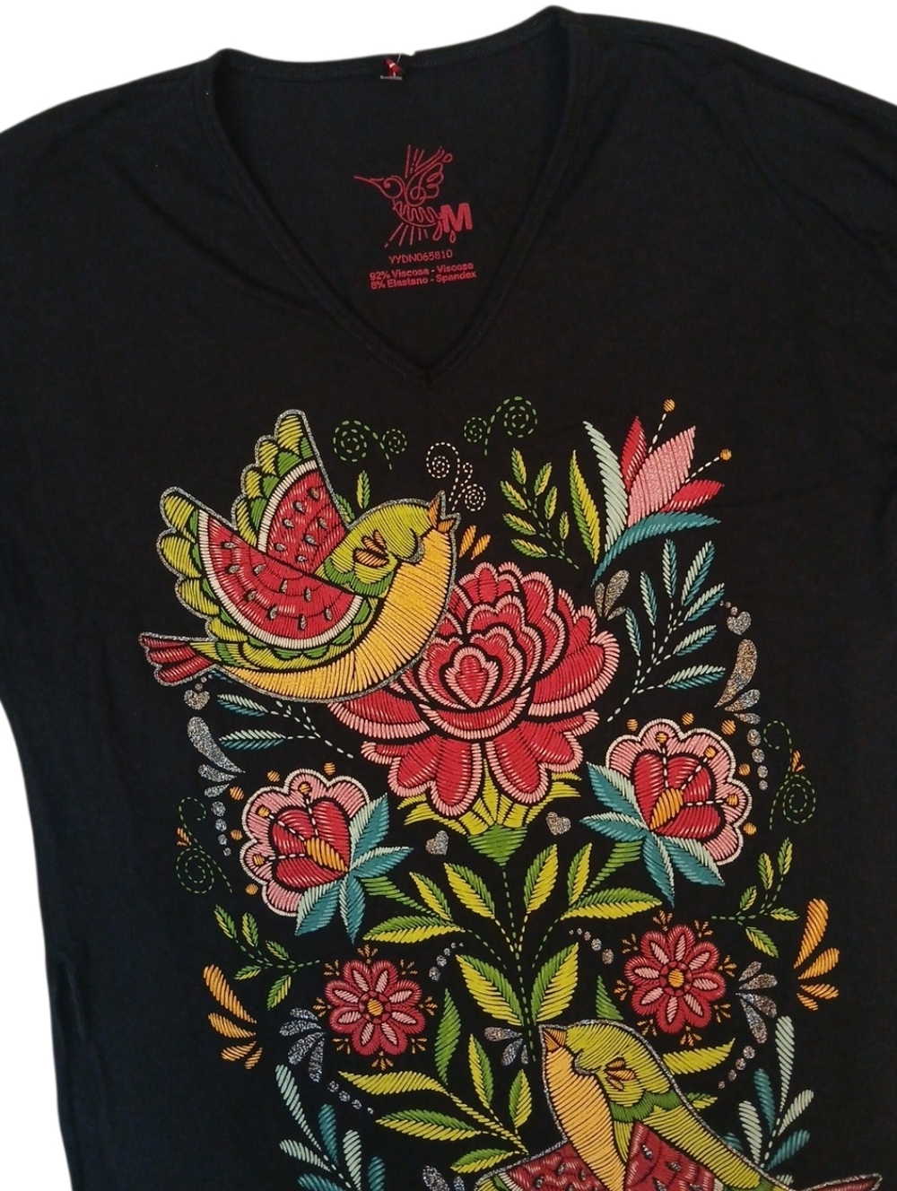 Ay Guey! V-nech Mexican Folk Spring Birds Art Inspired Round Hem Tee/M